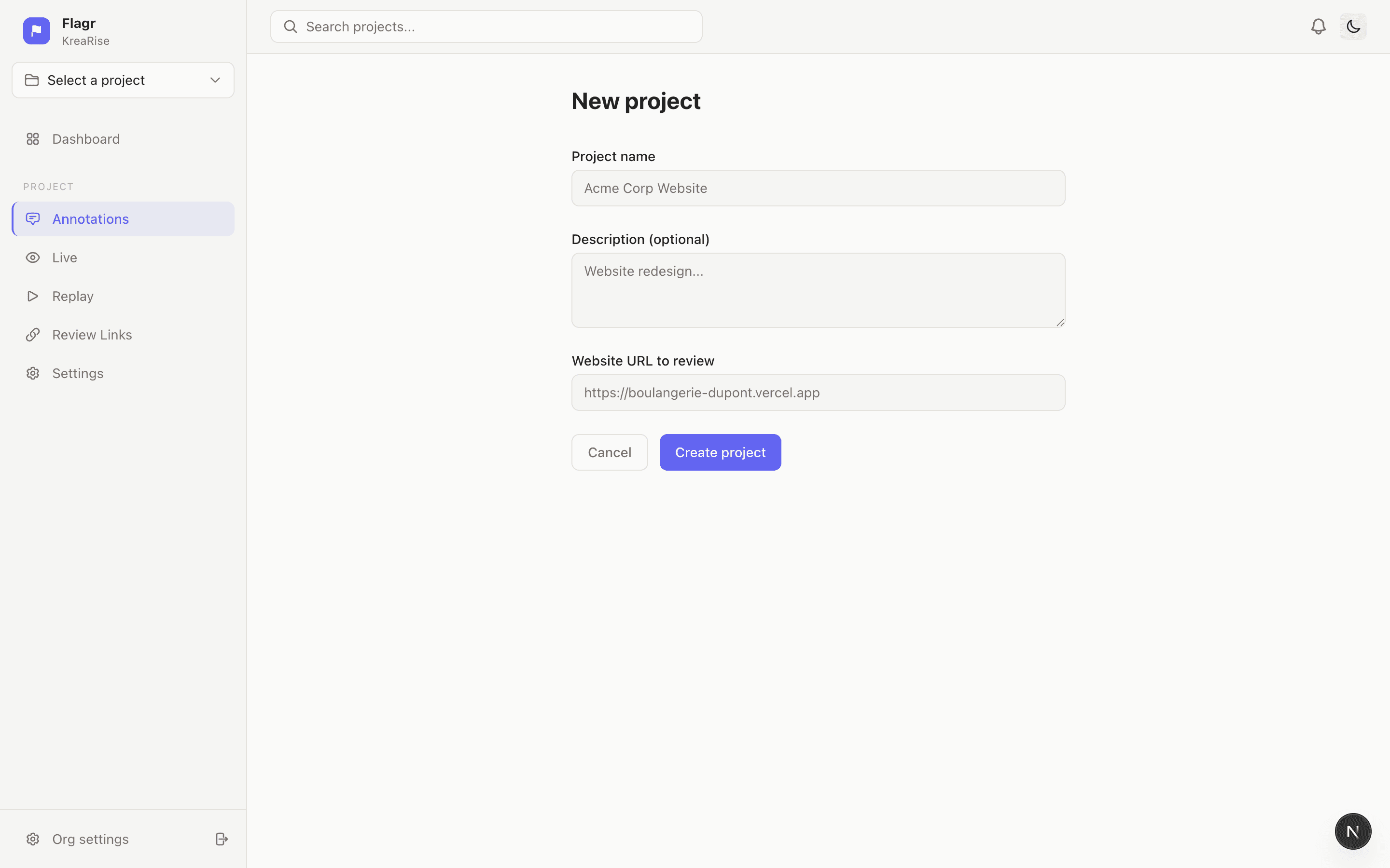 Flagr project creation — add a URL and get a review link