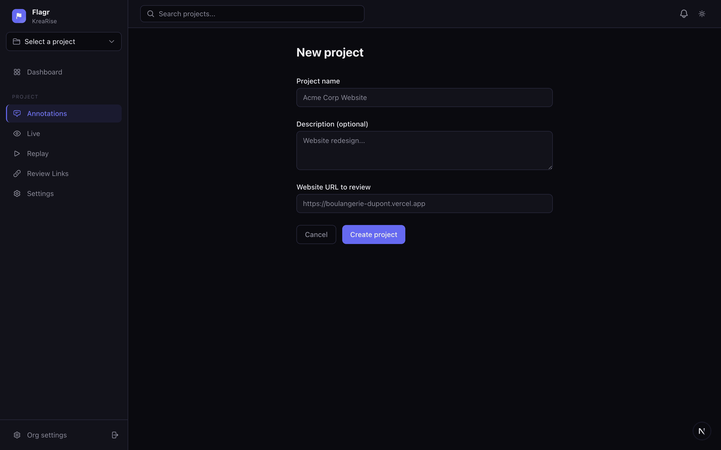 Flagr project creation — add a URL and get a review link