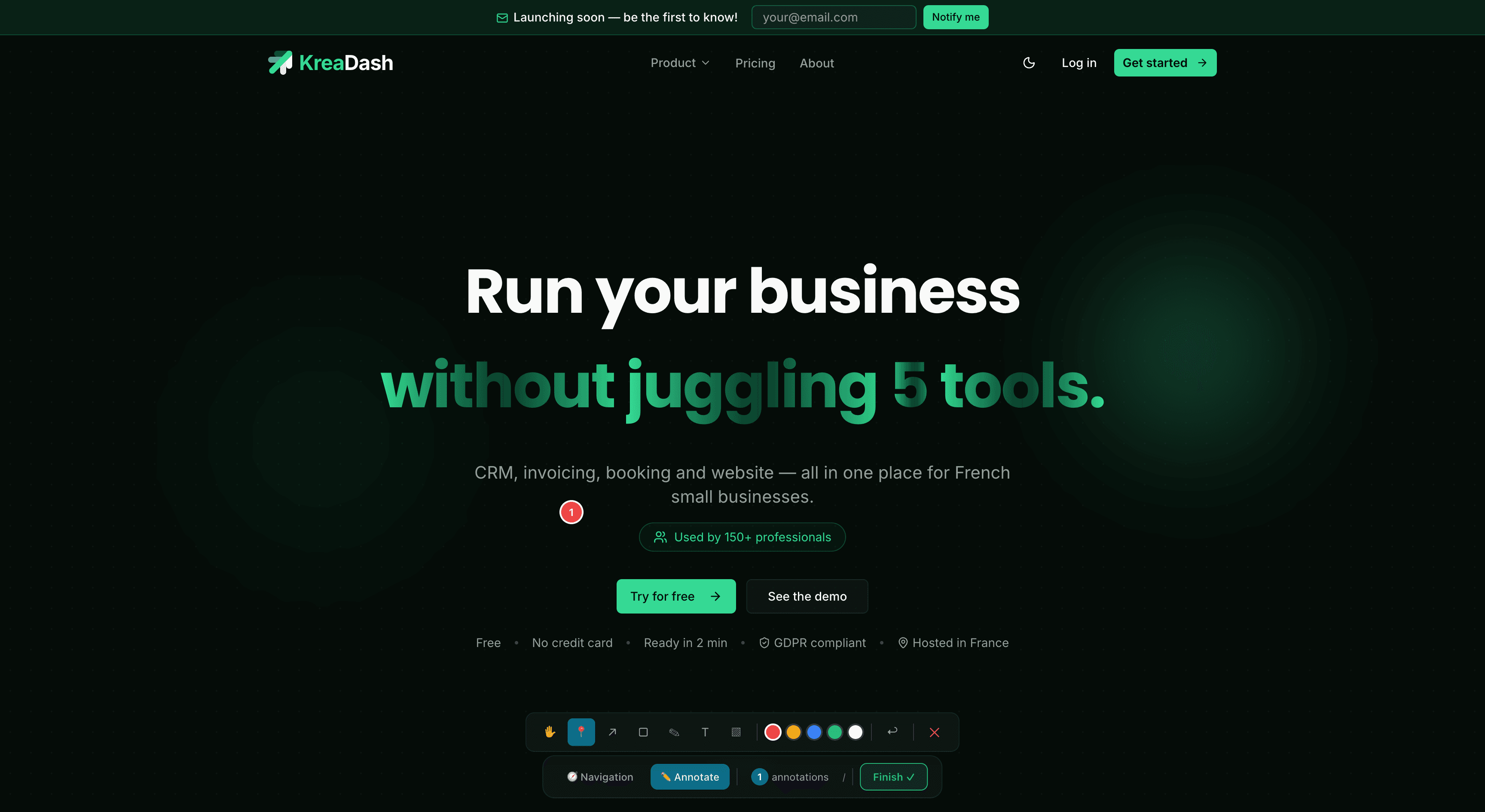 Reviewer annotation toolbar — pin, arrow, rectangle, draw, text, blur tools