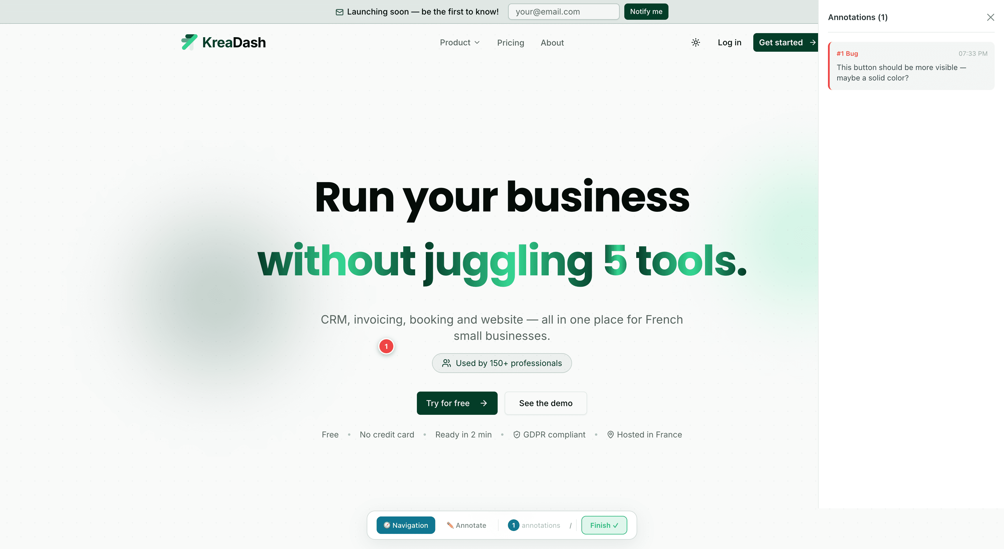 Reviewer sidebar — annotations list with pins on the live site