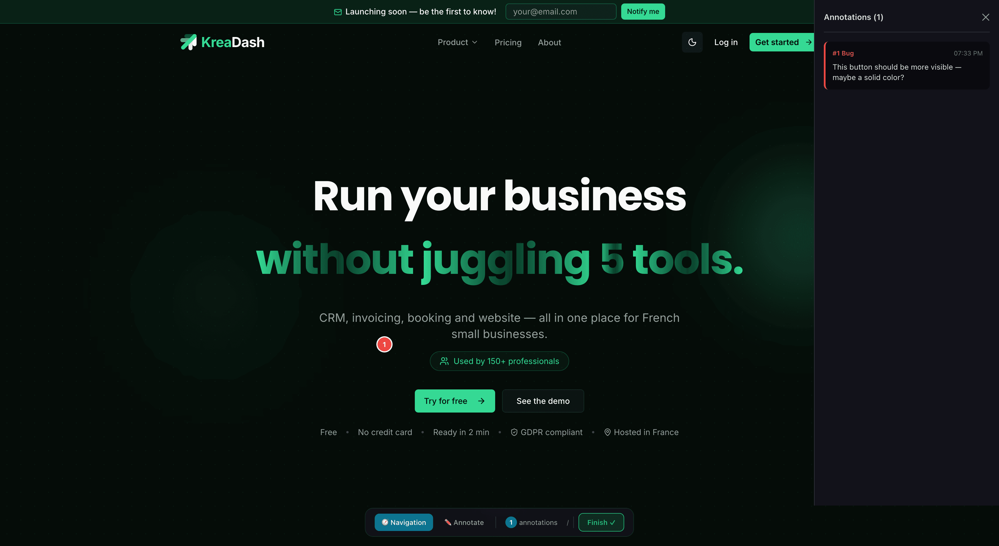Reviewer sidebar — annotations list with pins on the live site